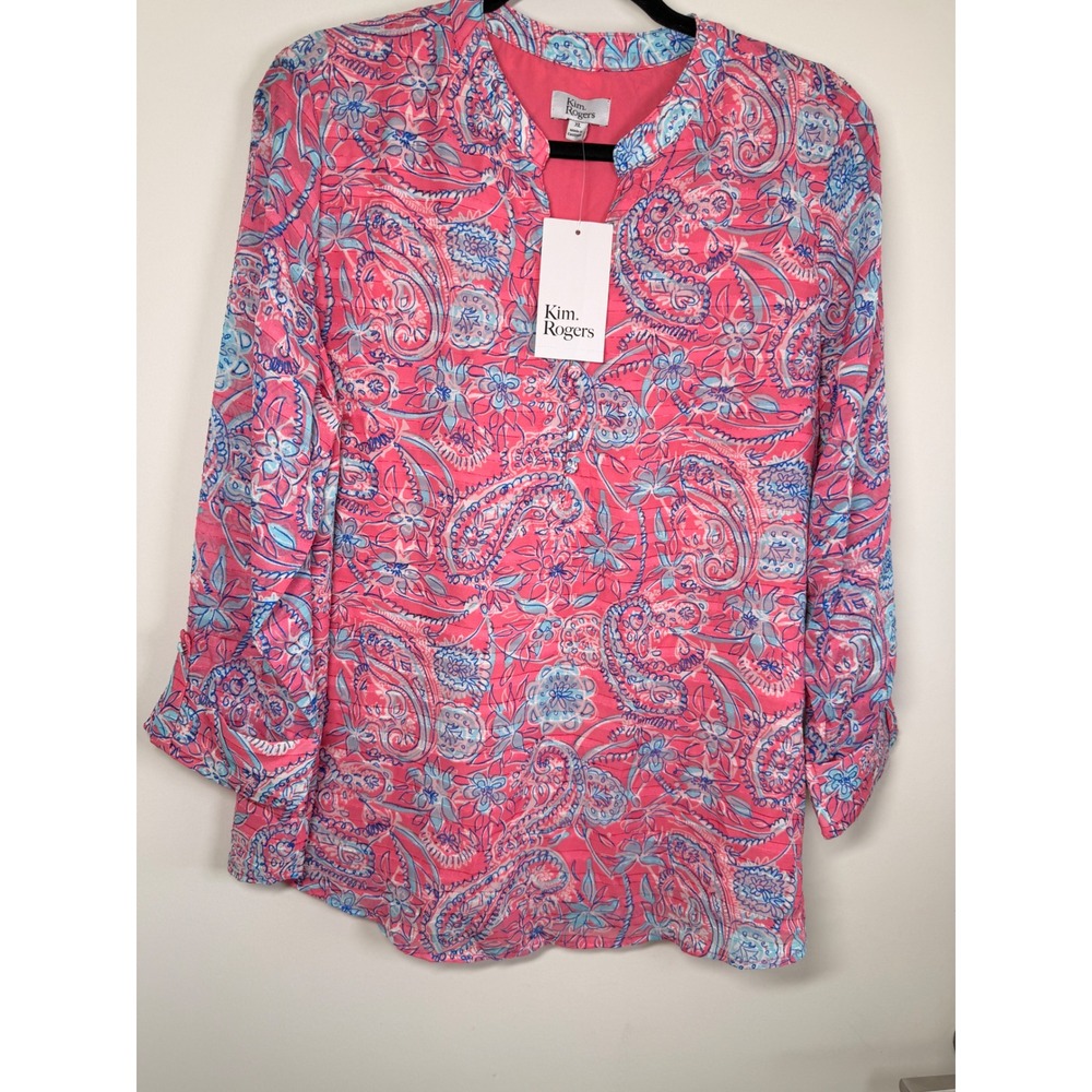 Kim Rogers Blouse Womens XL Pink NWT Paisley 3/4 Sleeve Textured Lined Top